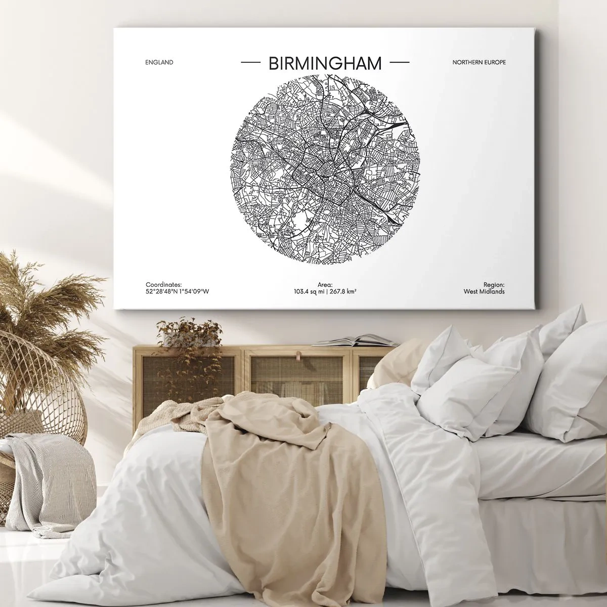 Obraz na płótnie - Minimalistyczna mapa Birmingham w czarno-białej kolorystyce z precyzyjnymi detalami - 120x80cm - Anatomia Birmingham - Nowoczesna dekoracja ścienna do salonu, kuchni i sypialni ARTTOR