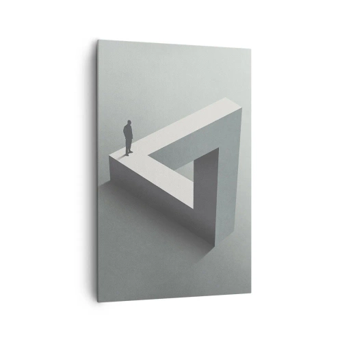 Obraz na płótnie - Postać stojąca na trójkącie Penrose’a w szarościach - 80x120cm - A jednak możliwe - Nowoczesna dekoracja ścienna do salonu i sypialni ARTTOR