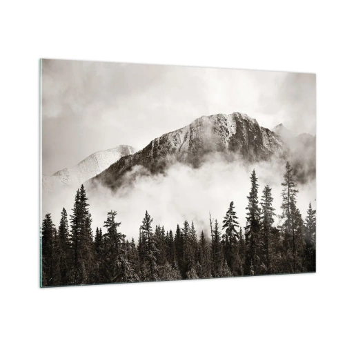 Obraz na szkle - Górski krajobraz z lasem i mgłą w odcieniach sepii - 100x70cm - Granitowy władca - Nowoczesna dekoracja ścienna do salonu, kuchni i sypialni ARTTOR