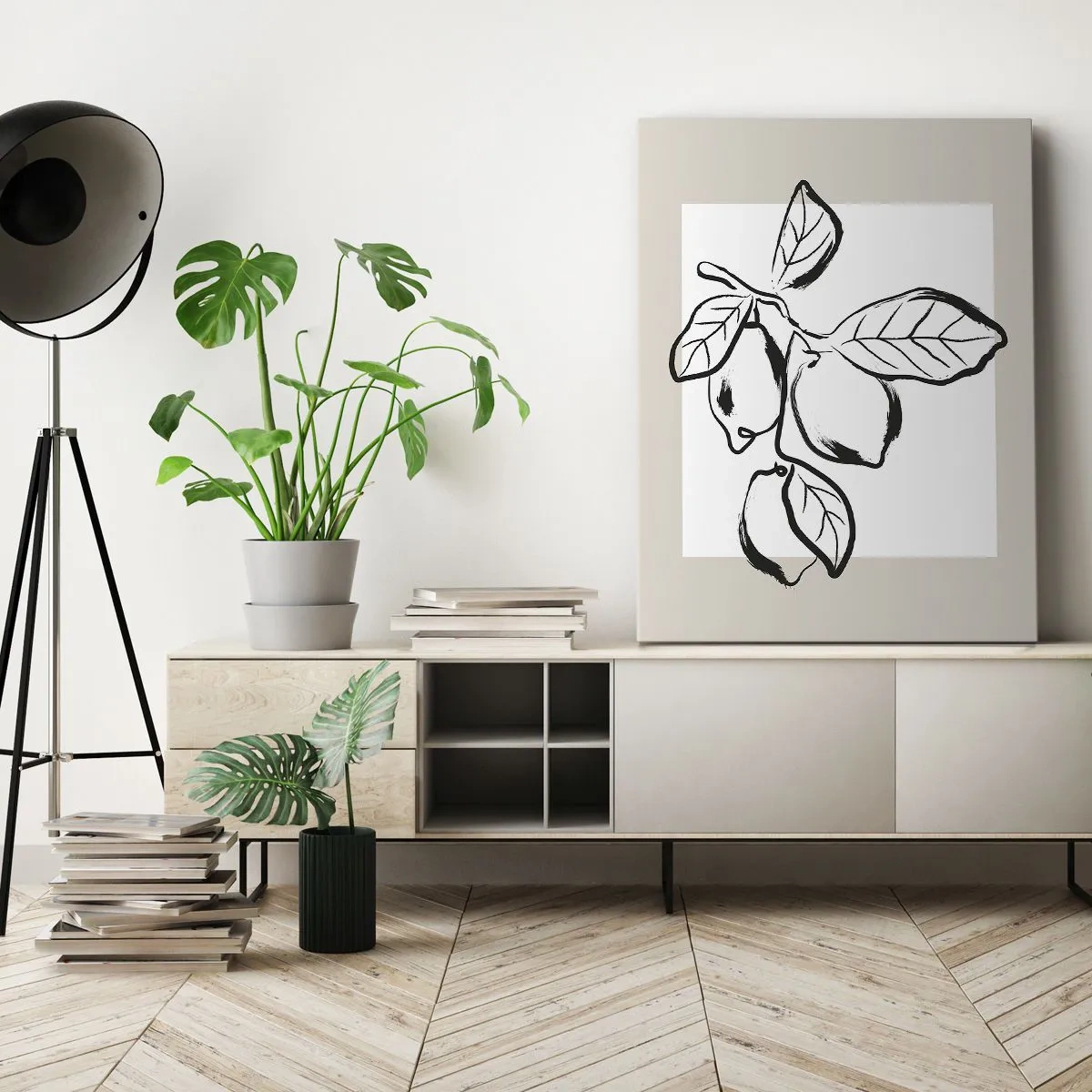 Obraz na płótnie - Minimalistyczna ilustracja cytryn na gałązce w czerni i bieli - 50x70cm - Gdzie cytryna dojrzewa… - Nowoczesna dekoracja ścienna do salonu, kuchni i sypialni ARTTOR