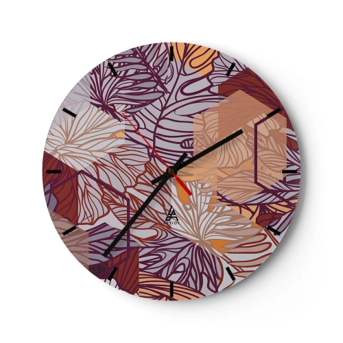 Zegar ścienny - Abstrakcyjne liście w odcieniach fioletu, pomarańczu i beżu - 30x30cm - Związek niemozliwy geometrii i natury - Nowoczesna dekoracja ścienna do salonu, kuchni i sypialni ARTTOR