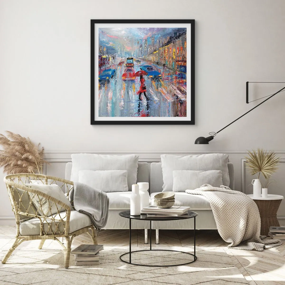Plakat w czarnej ramie - Deszczowe popołudnie w mieście - 50x50 cm