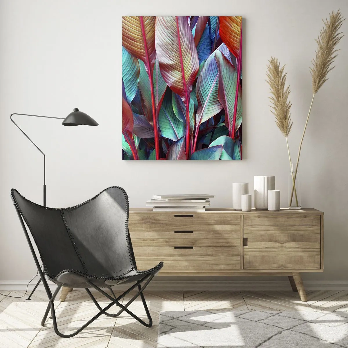 Obraz na szkle - Barwny gąszcz liści w odcieniach czerwieni, zieleni i fioletu - 50x70cm - Kolorowy gąszcz - Nowoczesna dekoracja ścienna do salonu, kuchni i sypialni ARTTOR