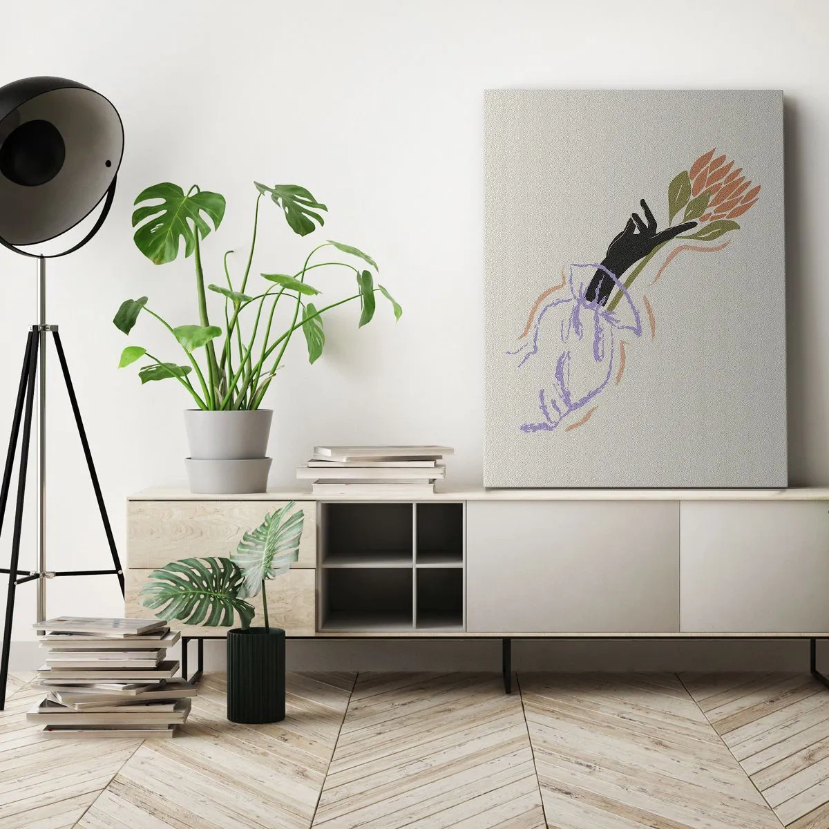 Obraz na płótnie - Minimalistyczny rysunek dłoni trzymającej bukiet kwiatów w pastelowych barwach - 50x70cm - Siostrzany dotyk - Nowoczesna dekoracja ścienna do salonu, kuchni i sypialni ARTTOR