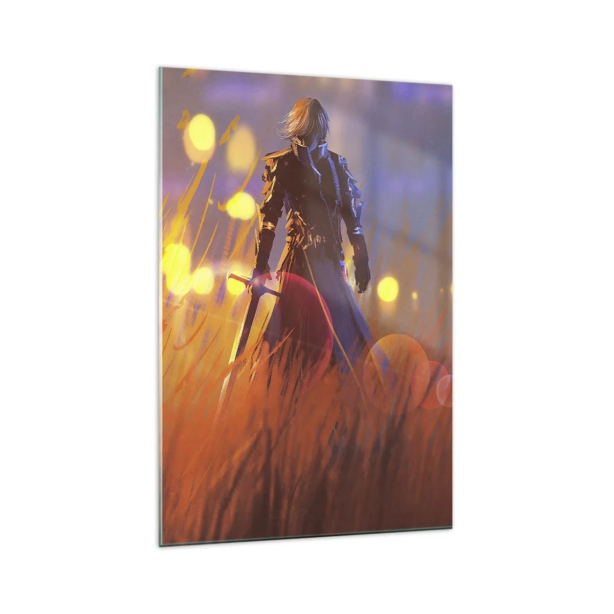Obraz na szkle - Postać rycerza w świetle zachodzącego słońca w polu - 70x100cm - Błędny rycerz - Nowoczesna dekoracja ścienna do salonu i sypialni ARTTOR