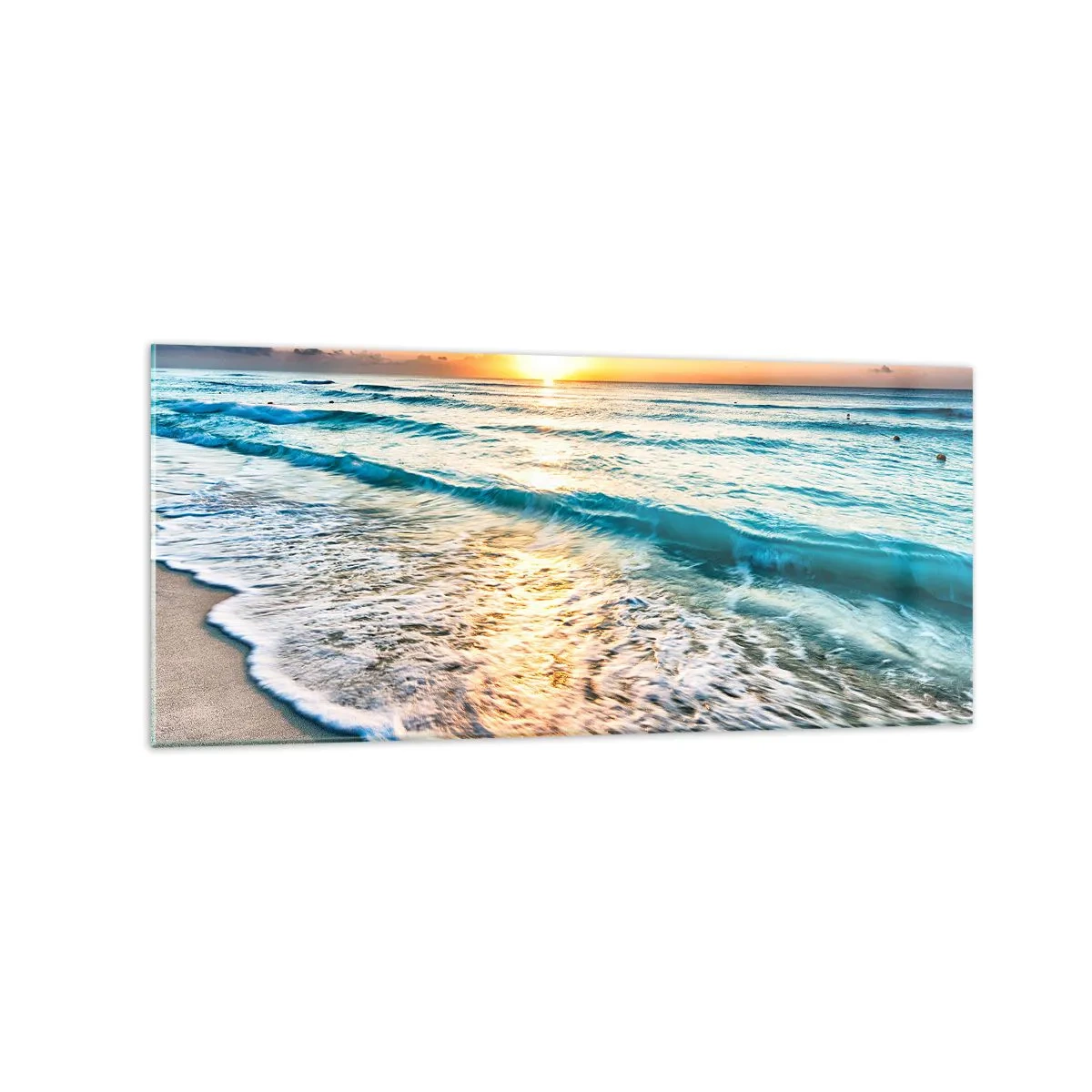 Obraz na szkle - Wschód słońca nad spokojną plażą z falami - 120x50cm - Widok wart zachodu - Nowoczesna dekoracja ścienna do salonu i sypialni ARTTOR
