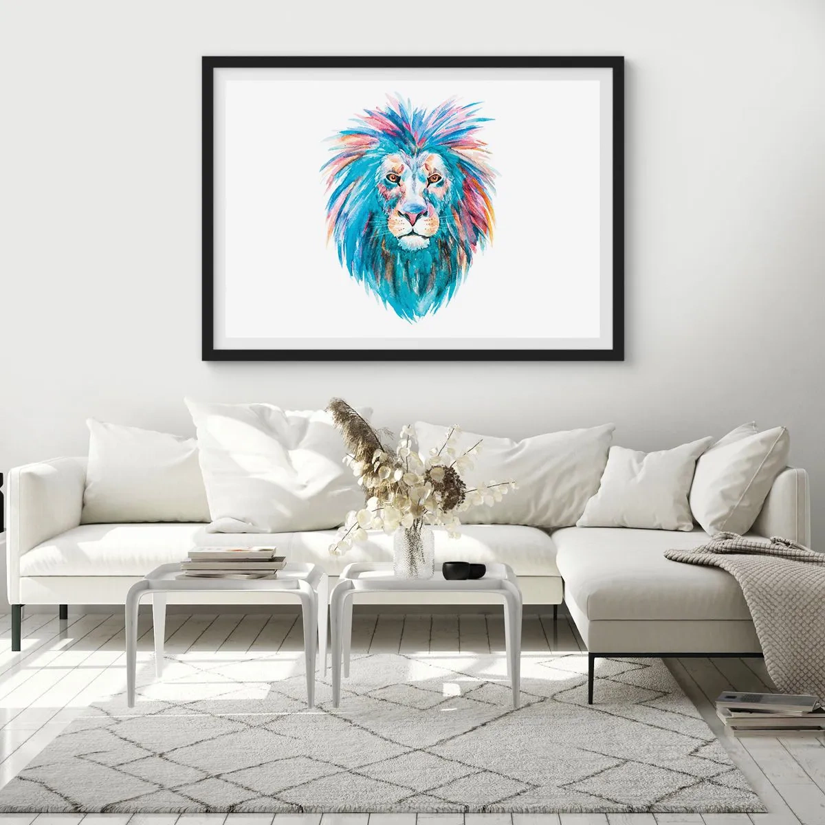 Plakat w czarnej ramie - Akwarelowy portret lwa w żywych kolorach - 70x50cm - Elektryzująca aura - Nowoczesna dekoracja ścienna do salonu i sypialni ARTTOR