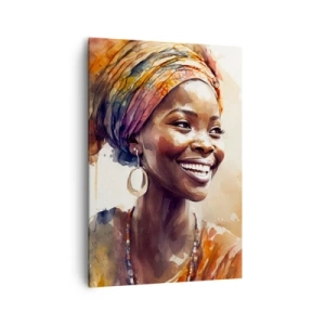 Obraz na płótnie - Portret uśmiechniętej kobiety w kolorowej chuście akwarelą - 70x100cm - Afrykańska królowa - Nowoczesna dekoracja ścienna do salonu i sypialni ARTTOR