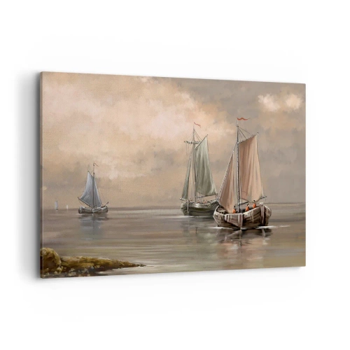 Obraz na płótnie - Żaglówki na spokojnym morzu w pastelowej scenerii - 120x80cm - Powrót żeglarzy - Nowoczesna dekoracja ścienna do salonu, kuchni i sypialni ARTTOR