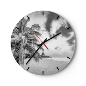 Zegar ścienny - Plaża z palmami w czarno-białej tonacji - 30x30cm - Gdy tęsknisz do samotności… - Nowoczesna dekoracja ścienna do salonu, kuchni i sypialni ARTTOR