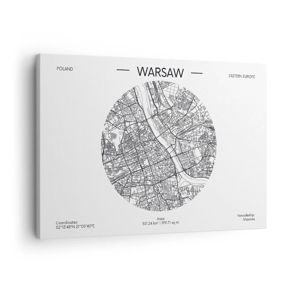 Obraz na płótnie - Mapa Warszawy w minimalistycznym stylu - 70x50cm - Anatomia Warszawy - Nowoczesna dekoracja ścienna do salonu i sypialni ARTTOR