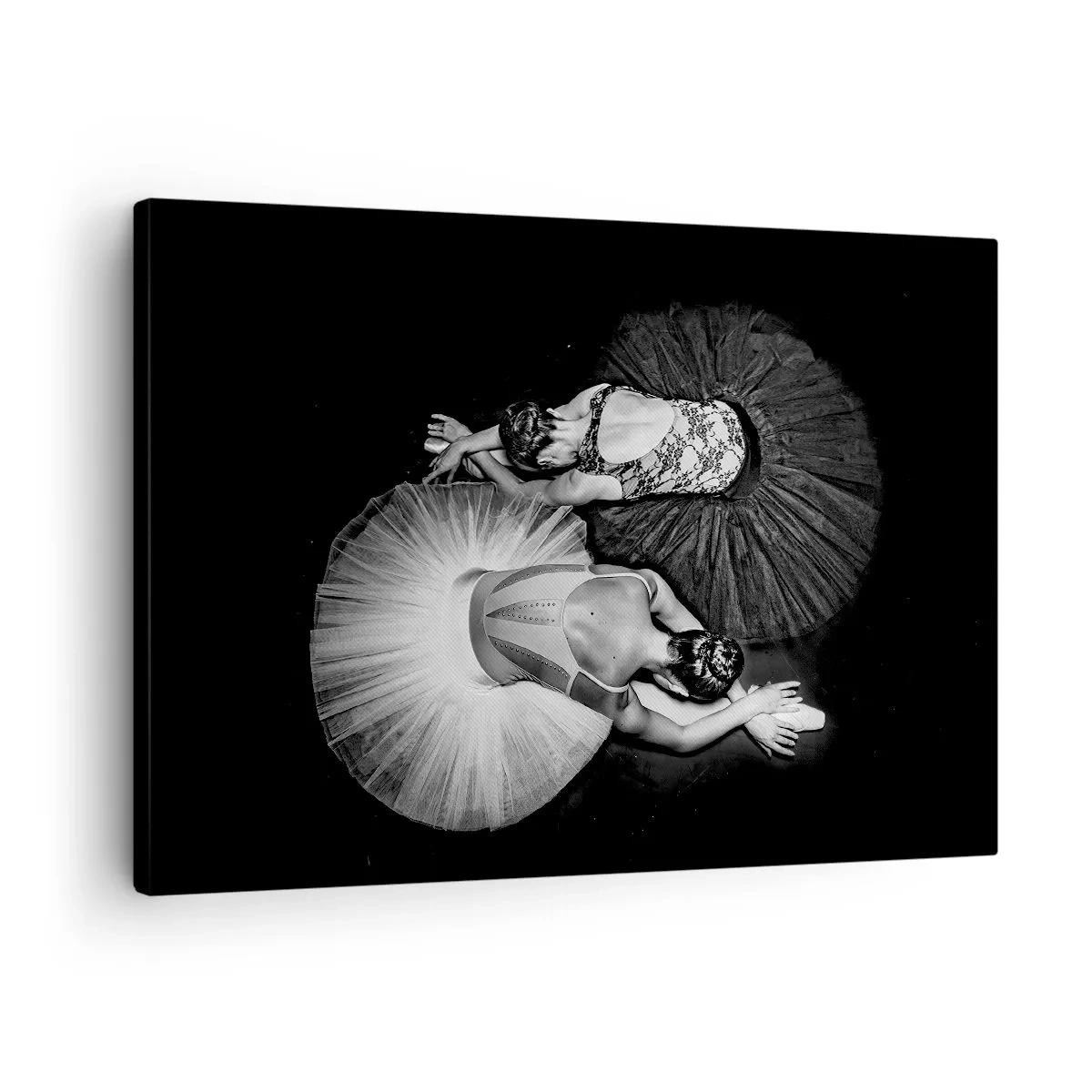 Obraz na płótnie - Czarno-biały obraz dwóch baletnic w dynamicznej pozie - 70x50cm - Jin i jang – idealna równowaga - Nowoczesna dekoracja ścienna do salonu i sypialni ARTTOR