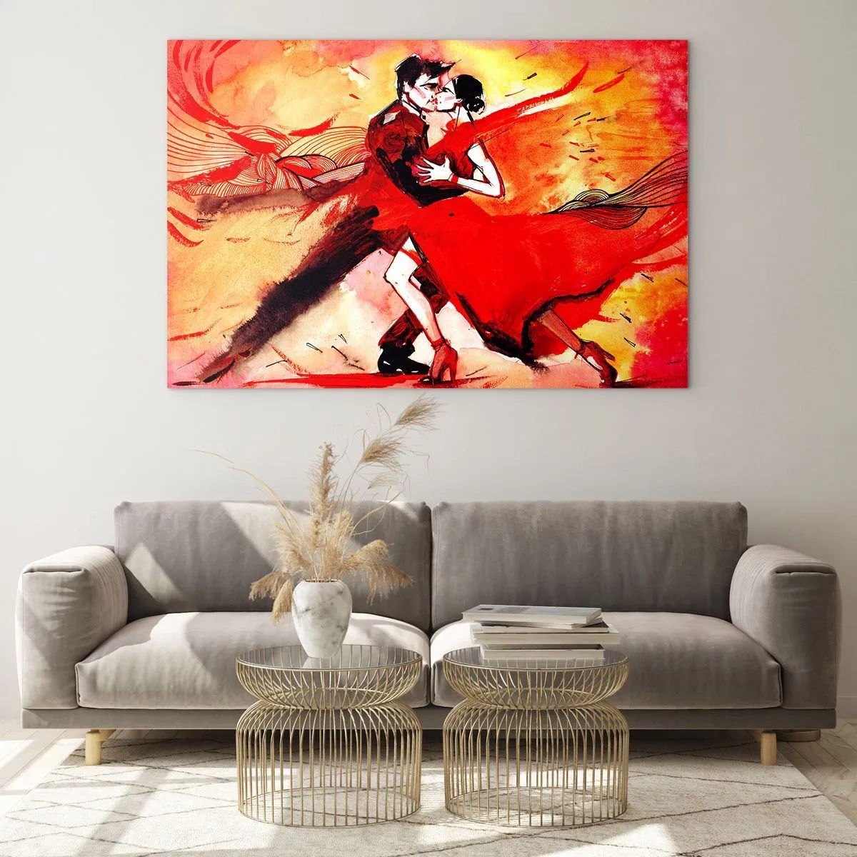 Obraz na szkle - Taniec pary w dynamicznej czerwonej kompozycji - 70x50cm - Purpurowy rytm namiętności - Nowoczesna dekoracja ścienna do salonu i sypialni ARTTOR