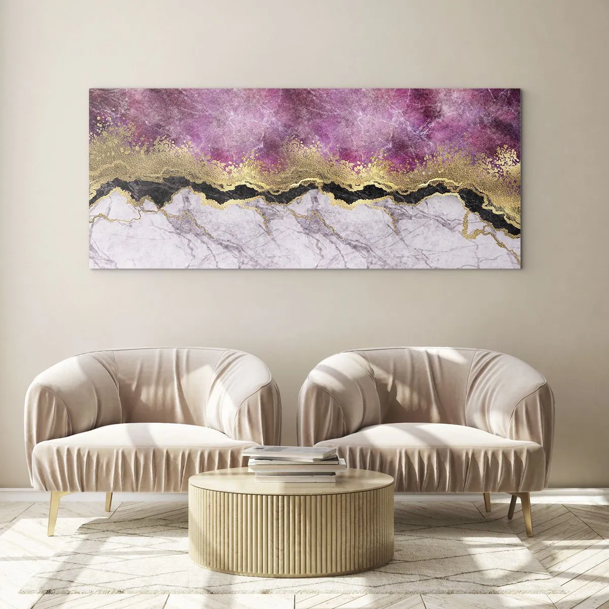 Obraz na szkle - Abstrakcyjny marmur w odcieniach różu ze złotymi akcentami - 120x50cm - Na granicy - Nowoczesna dekoracja ścienna do salonu i sypialni ARTTOR