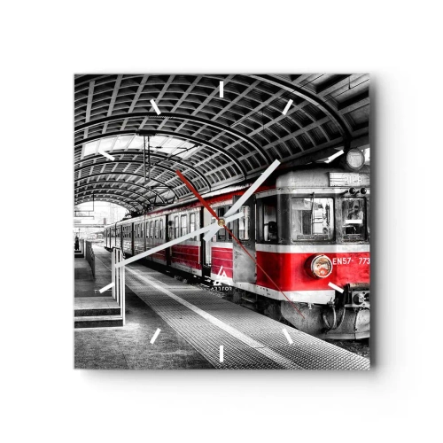 Zegar ścienny - Czerwony pociąg na stacji pod zadaszeniem - 30x30cm - Może to podróż życia? - Nowoczesna dekoracja ścienna do salonu i sypialni ARTTOR