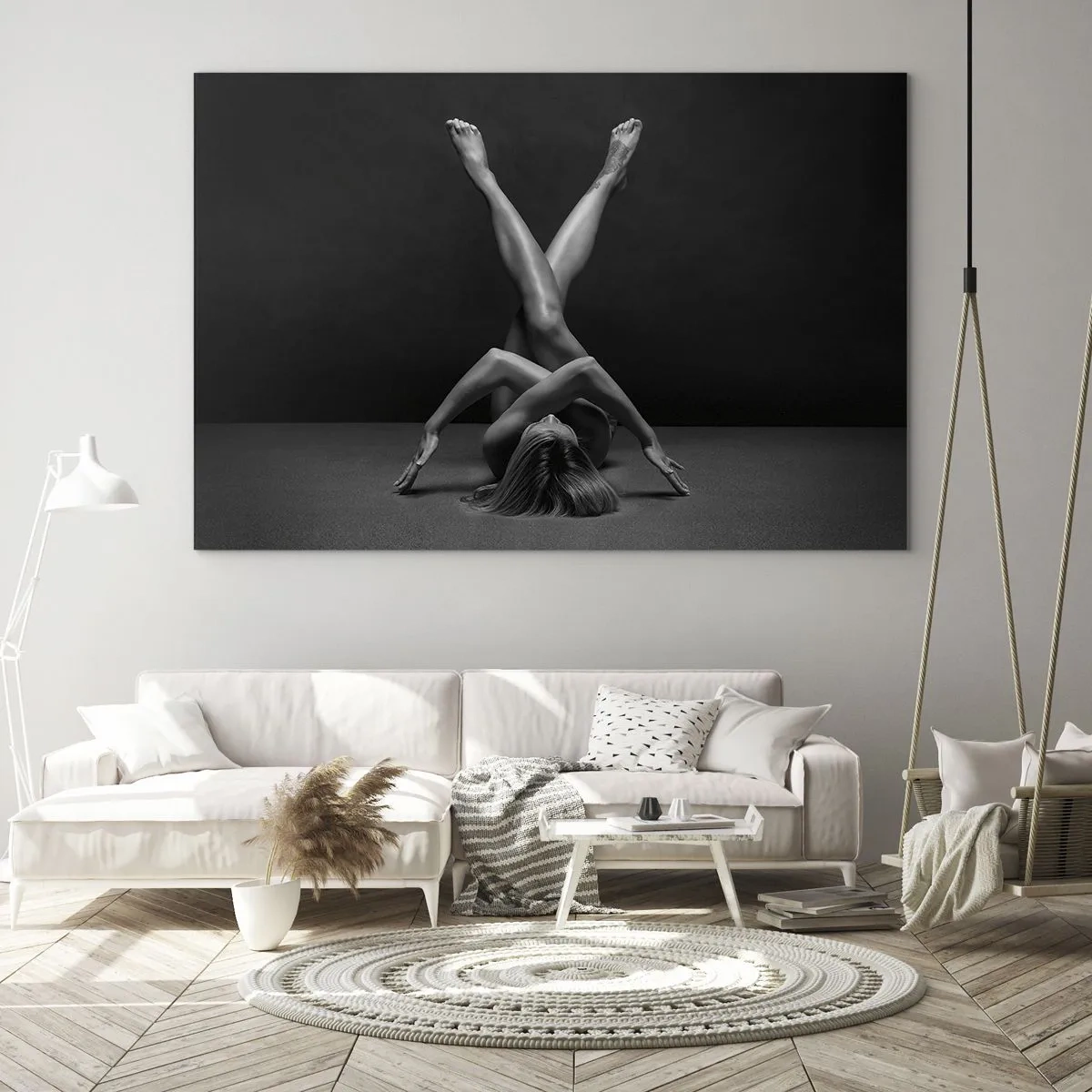 Obraz na szkle - Akt kobiecy w geometrycznej kompozycji ciała - 70x50cm - Geometria nagości - Nowoczesna dekoracja ścienna do salonu i sypialni ARTTOR