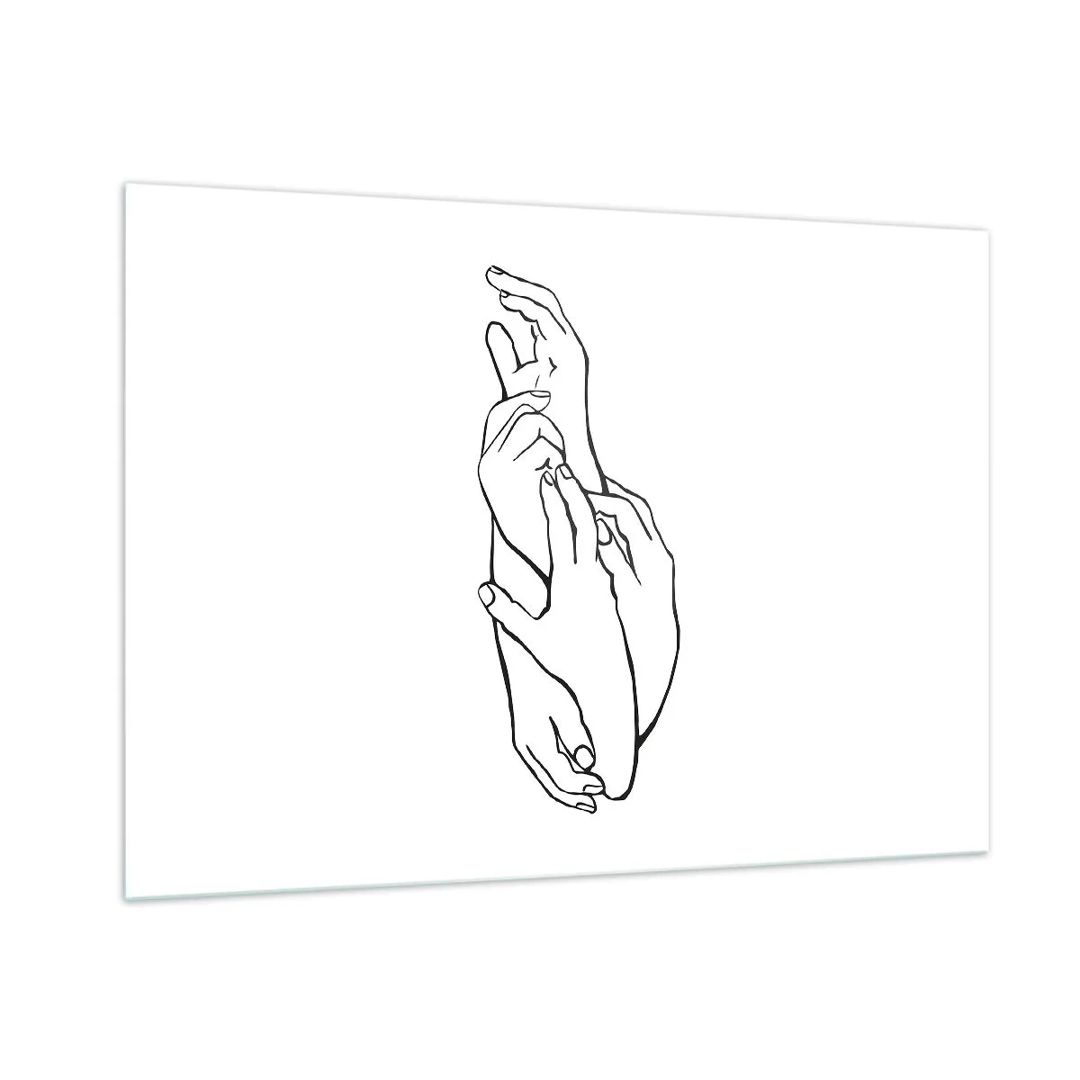 Obraz na szkle - Subtelny linearny rysunek splecionych dłoni na białym tle - 100x70cm - Dobry dotyk - Nowoczesna dekoracja ścienna do salonu, kuchni i sypialni ARTTOR