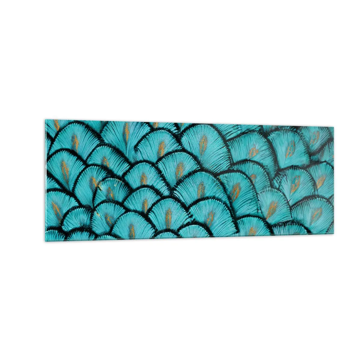 Obraz na szkle - Wzór przypominający turkusowe łuski z akcentami złota - 140x50cm - Wielka gala piór - Nowoczesna dekoracja ścienna do salonu i sypialni ARTTOR