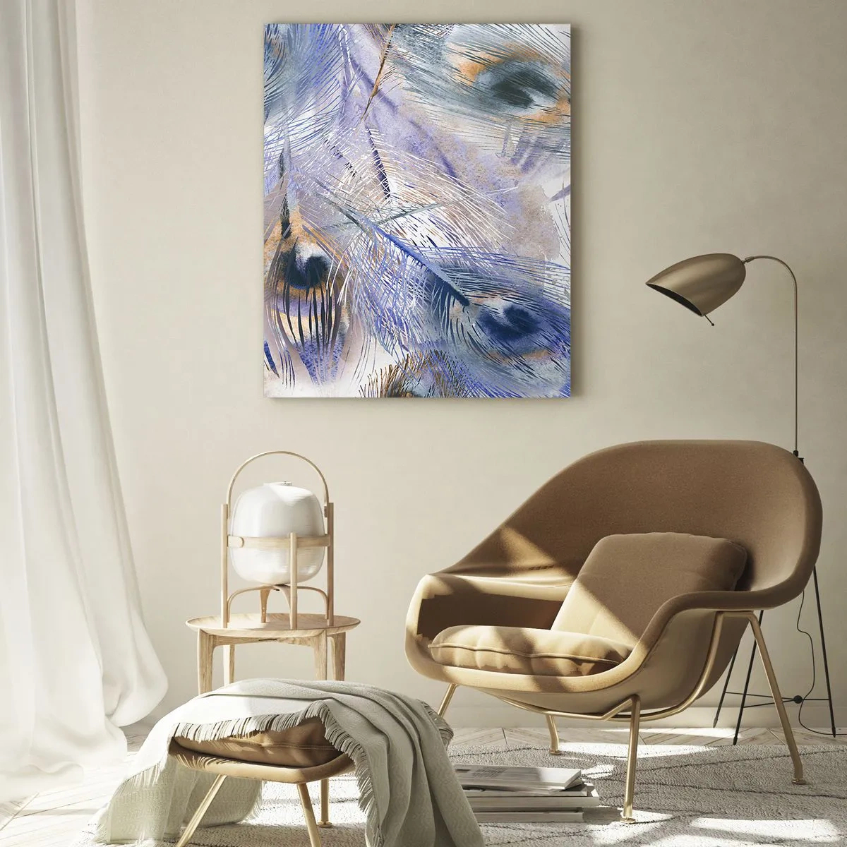 Obraz na szkle - Delikatne pióra pawia w odcieniach niebieskiego i brązu - 50x70cm - Pawiooka kompozycja - Nowoczesna dekoracja ścienna do salonu, kuchni i sypialni ARTTOR