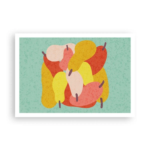 Plakat - Kolorowe abstrakcyjne gruszki na tle zielonym - 100x70cm - Spróbuj letniego słońca - Nowoczesna dekoracja ścienna do salonu i sypialni ARTTOR