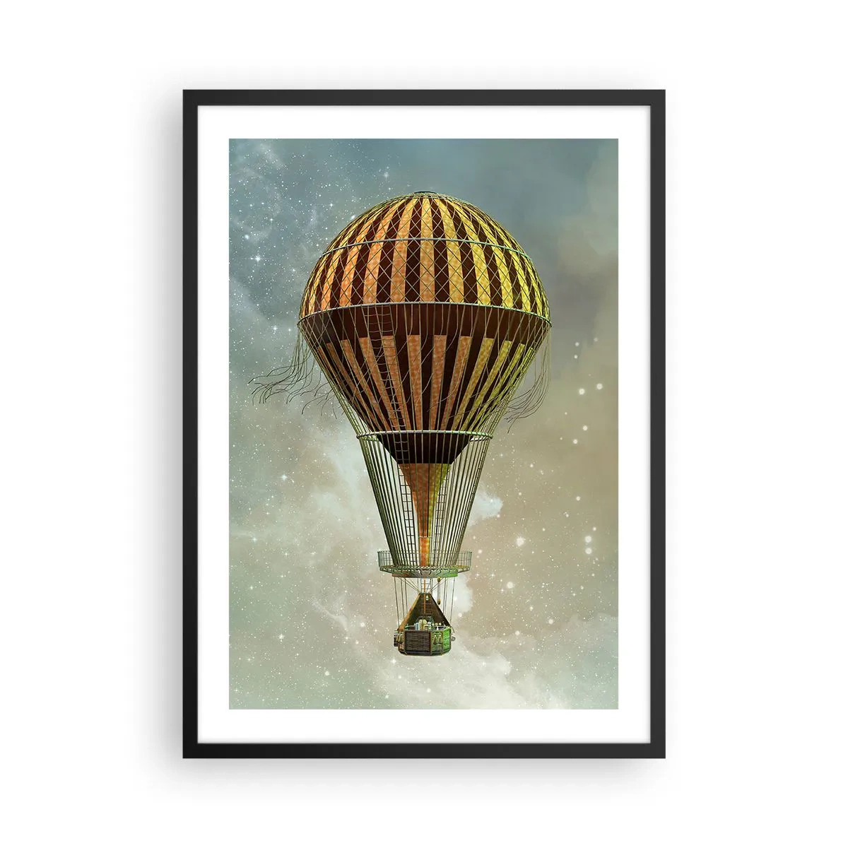 Plakat w czarnej ramie - Złoty balon unoszący się w kosmicznej przestrzeni - 50x70cm - Pionierskie loty - Nowoczesna dekoracja ścienna do salonu i sypialni ARTTOR