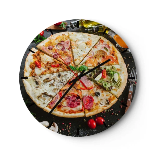 Zegar ścienny - Apetyczna pizza z różnymi dodatkami na czarnym tle - 30x30cm - Wachlarz smaków - Nowoczesna dekoracja ścienna do salonu, kuchni i sypialni ARTTOR