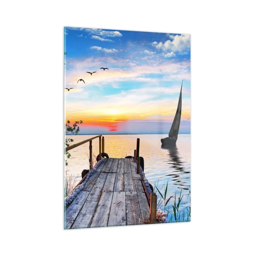 Obraz na szkle - Pomost nad jeziorem o zachodzie słońca z żaglówką w tle - 50x70cm - Dobry wieczór - Nowoczesna dekoracja ścienna do salonu, kuchni i sypialni ARTTOR