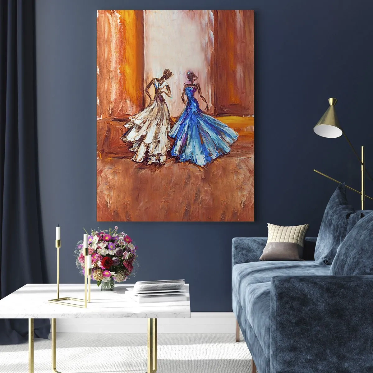 Obraz na szkle - Postacie w sukniach wieczorowych w artystycznym stylu - 80x120cm - Wdzięczny duet - Nowoczesna dekoracja ścienna do salonu i sypialni ARTTOR