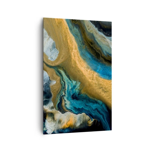 Obraz na płótnie - Abstrakcyjne fale w odcieniach złota i niebieskiego - 80x120cm - Niebieski – zółty – wzajemne wpływy - Nowoczesna dekoracja ścienna do salonu i sypialni ARTTOR