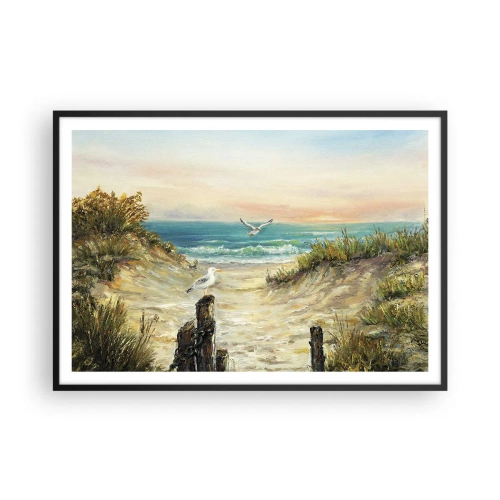 Plakat w czarnej ramie - Wybrzeże z mewami i wydmami o zachodzie słońca - 100x70cm - Bezwietrzne zacisze - Nowoczesna dekoracja ścienna do salonu i sypialni ARTTOR