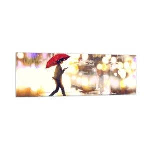 Obraz na szkle - Postać z czerwonym parasolem na ulicy w deszczu - 160x50cm - A jednak słoneczna - Nowoczesna dekoracja ścienna do salonu i sypialni ARTTOR
