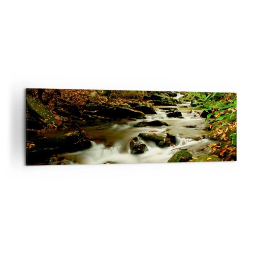 Obraz na płótnie - Leśny strumień płynący pomiędzy kamieniami otoczony zielenią - 160x50cm - Jak płynne srebro - Nowoczesna dekoracja ścienna do salonu i sypialni ARTTOR