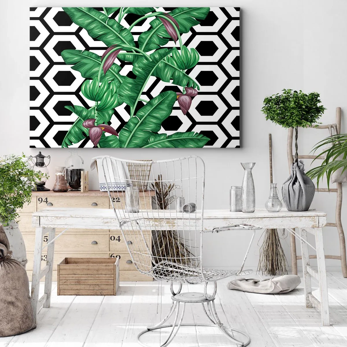 Obraz na płótnie - Tropikalne liście na geometrycznym tle - 120x80cm - Kompozycja symetryczna z natury - Nowoczesna dekoracja ścienna do salonu, kuchni i sypialni ARTTOR