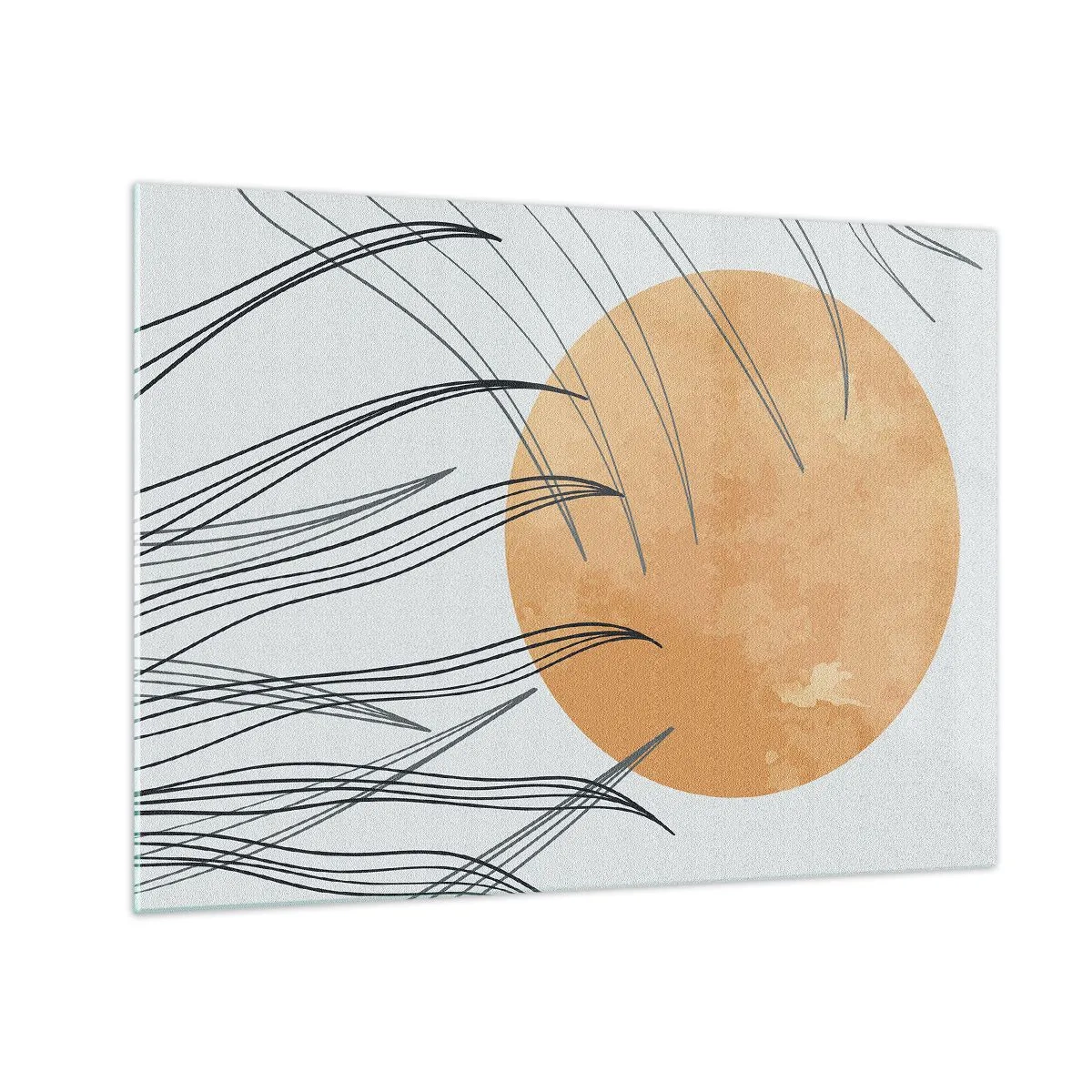 Obraz na szkle - Pomarańczowe słońce z dynamicznymi liniami na jasnym tle - 70x50cm - Zawsze ku słońcu - Nowoczesna dekoracja ścienna do salonu i sypialni ARTTOR
