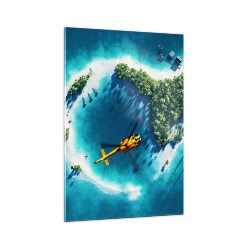 Obraz na szkle - Tropikalna wyspa otoczona turkusową wodą z widocznym helikopterem - 70x100cm - Kup sobie wyspę - Nowoczesna dekoracja ścienna do salonu i sypialni ARTTOR