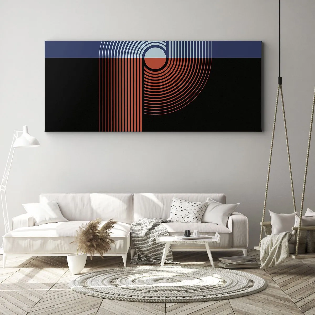 Obraz na płótnie - Geometryczna abstrakcja z liniami w kolorach granatu i pomarańczu - 120x50cm - W geometrycznym uścisku - Nowoczesna dekoracja ścienna do salonu i sypialni ARTTOR