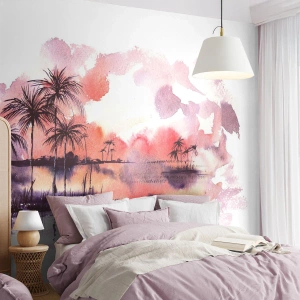 Fototapeta Premium Canvas - Tropikalny pejzaż z palmami o zachodzie słońca w akwareli - 100x70cm - Spokój tropików w czerwieni - Nowoczesna dekoracja ścienna do salonu i sypialni ARTTOR