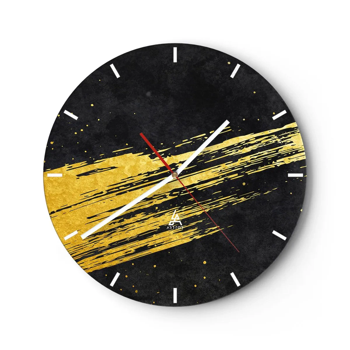 Zegar ścienny - Złoty dynamiczny pociągnięcie pędzla na czarnym tle - 30x30cm - Skok w nadprzestrzeń - Nowoczesna dekoracja ścienna do salonu, kuchni i sypialni ARTTOR
