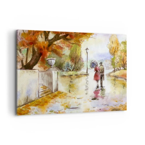 Obraz na płótnie - Spacer w jesiennym parku z parasolem - 120x80cm - Romantyczna jesień w parku - Nowoczesna dekoracja ścienna do salonu, kuchni i sypialni ARTTOR