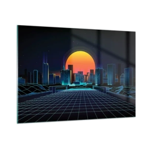Obraz na szkle - Futurystyczna panorama miasta z zachodem słońca - 100x70cm - Wciąż chcesz do realu? - Nowoczesna dekoracja ścienna do salonu, kuchni i sypialni ARTTOR