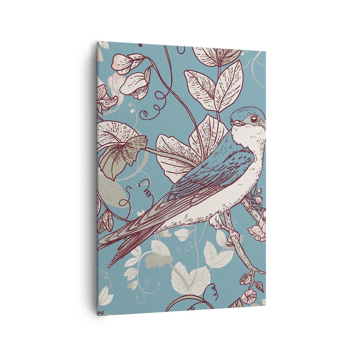 Obraz na płótnie - Ptak na gałęzi w delikatnym floralnym stylu - 70x100cm - W białodrzewiu ćwirnie i srebliście - Nowoczesna dekoracja ścienna do salonu i sypialni ARTTOR