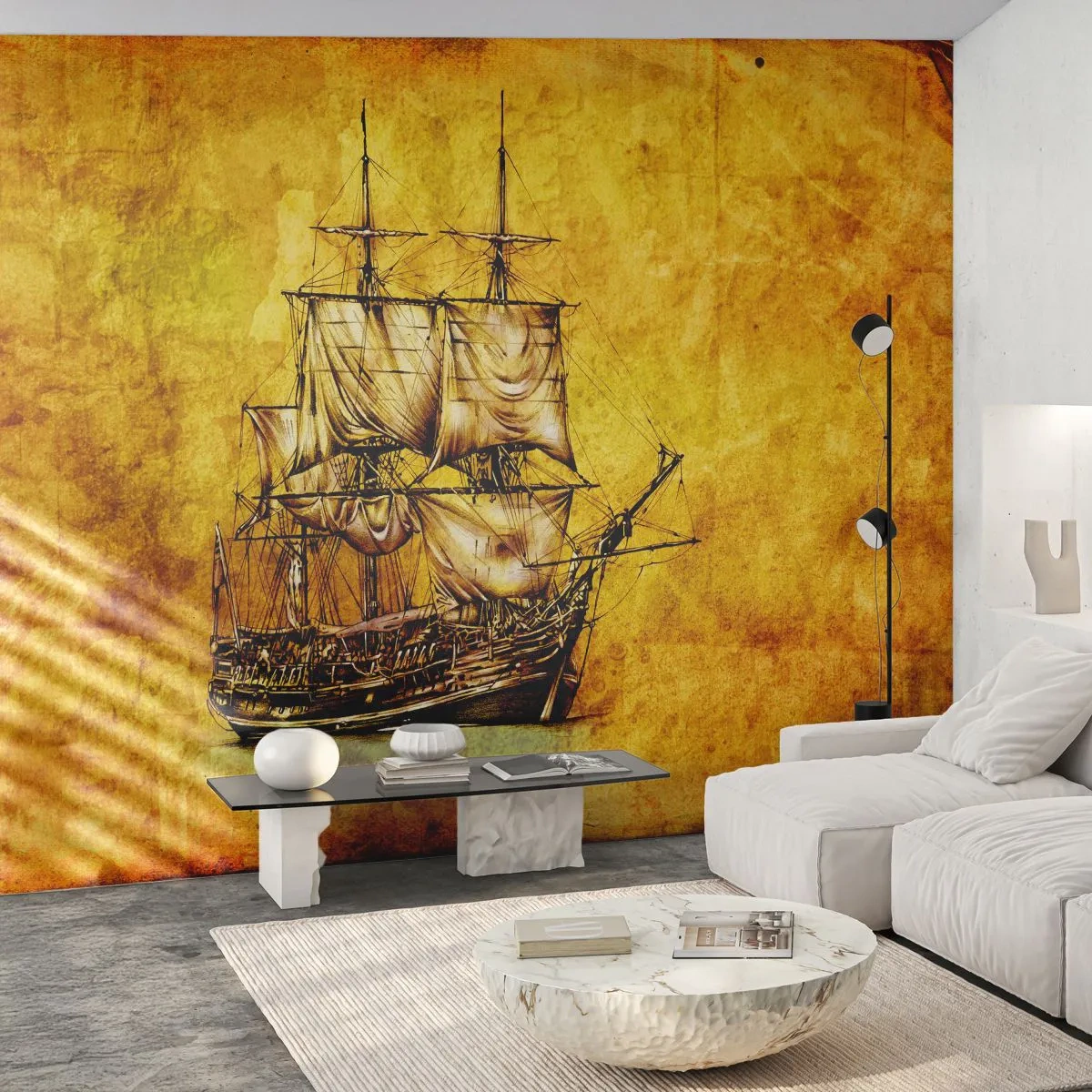 Fototapeta Premium Sand - Stary żaglowiec na tle antycznej mapy w odcieniach sepii - 100x70cm - Kierunek Tortuga! - Nowoczesna dekoracja ścienna do salonu, kuchni i sypialni ARTTOR