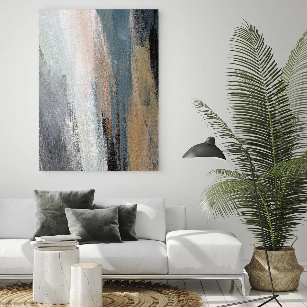 Obraz na szkle - Pejzaż abstrakcyjny w stonowanych odcieniach błękitu i beżu - 80x120cm - Abstrakcja: pejzaż północny - Nowoczesna dekoracja ścienna do salonu i sypialni ARTTOR