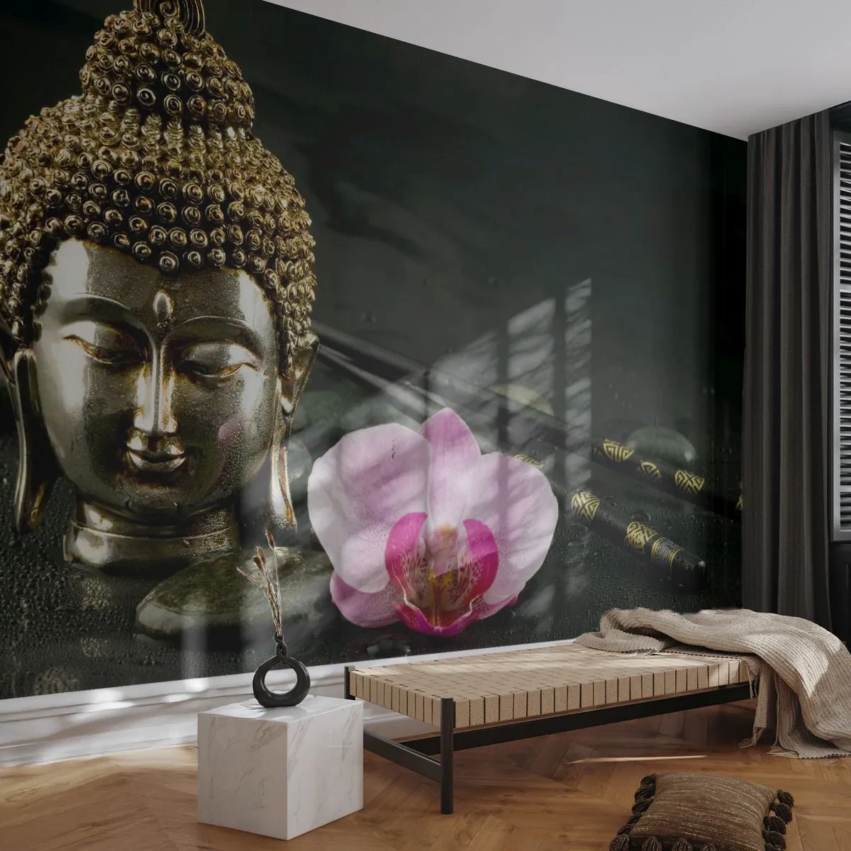 Fototapeta Premium Sand - Złota figura Buddy z orchideą i pałeczkami na kamieniach - 100x70cm - Harmonia mądrości i piękna - Nowoczesna dekoracja ścienna do salonu, kuchni i sypialni ARTTOR