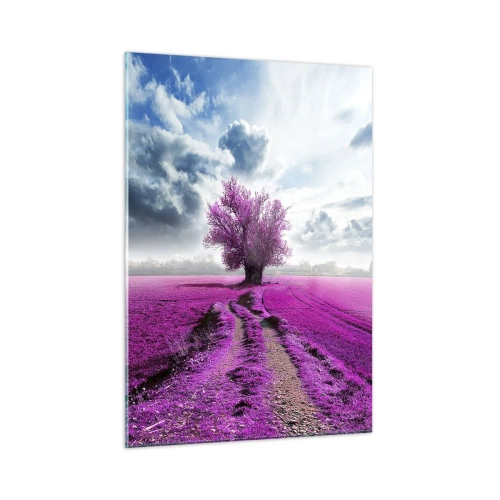 Obraz na szkle - Drzewo na wrzosowym polu pod dynamicznym niebem - 50x70cm - Wrzosowisko - uroczysko - Nowoczesna dekoracja ścienna do salonu, kuchni i sypialni ARTTOR