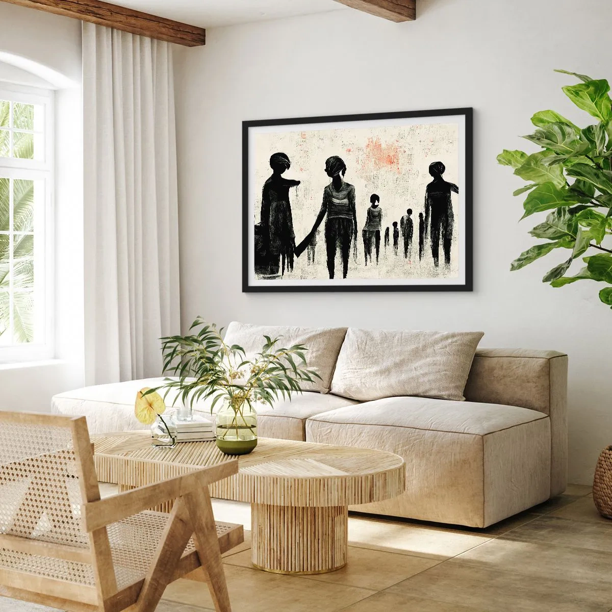 Plakat w czarnej ramie - Postacie w monochromatycznej kompozycji na jasnym tle - 100x70cm - Przeciw samotności - Nowoczesna dekoracja ścienna do salonu i sypialni ARTTOR