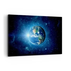 Obraz na płótnie - Ziemia w kosmosie otoczona gwiazdami i światłem - 120x80cm - Jesteśmy w niebie - Nowoczesna dekoracja ścienna do salonu, kuchni i sypialni ARTTOR
