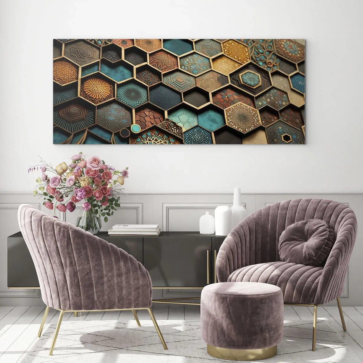 Obraz na szkle - Kolorowe ornamenty w sześciokątnych wzorach - 160x50cm - Arabskie ornamenty – wariacja - Nowoczesna dekoracja ścienna do salonu i sypialni ARTTOR