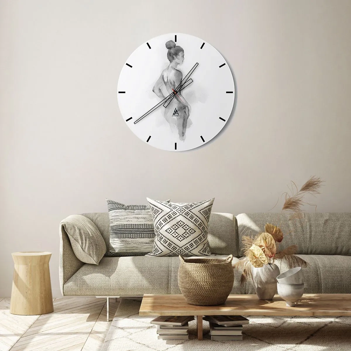 Zegar ścienny - Sylwetka kobiety namalowana akwarelą w odcieniach szarości - 30x30cm - Piękna jak malowanie - Nowoczesna dekoracja ścienna do salonu, kuchni i sypialni ARTTOR