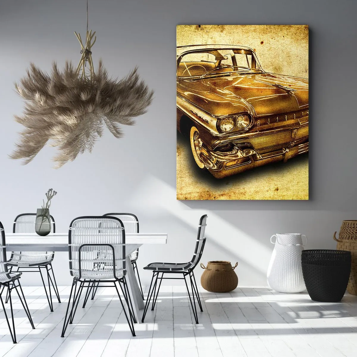 Obraz na płótnie - Zabytkowy samochód w złotym odcieniu - 50x70cm - Nieprzemijające piękno klasyki - Nowoczesna dekoracja ścienna do salonu, kuchni i sypialni ARTTOR